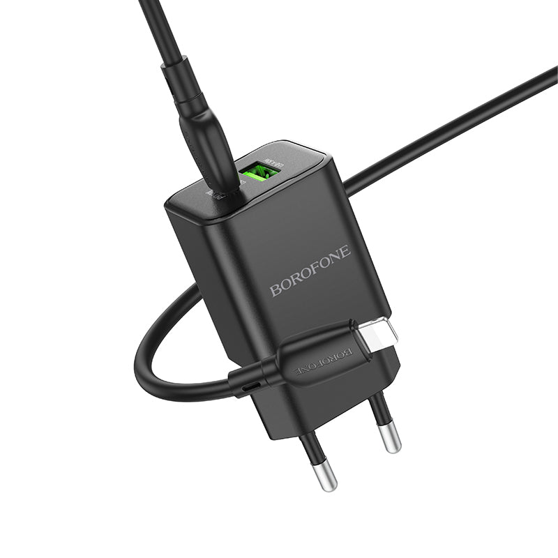 Borofone – Заряден адаптер – BN14 Royal – GaN USB + Type-C QC 3.0 PD 30W – Кабел Type-C към Lightning – Черен