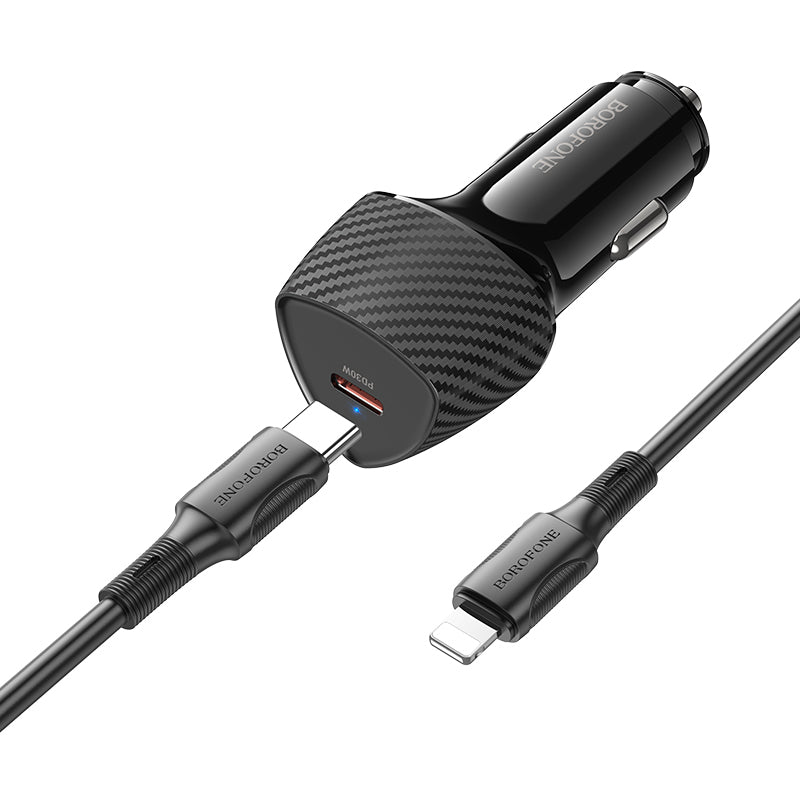 Borofone – Зарядно за кола – BZ31B Solid Type-C PD 30W – Кабел Type-C → Lightning – Черен
