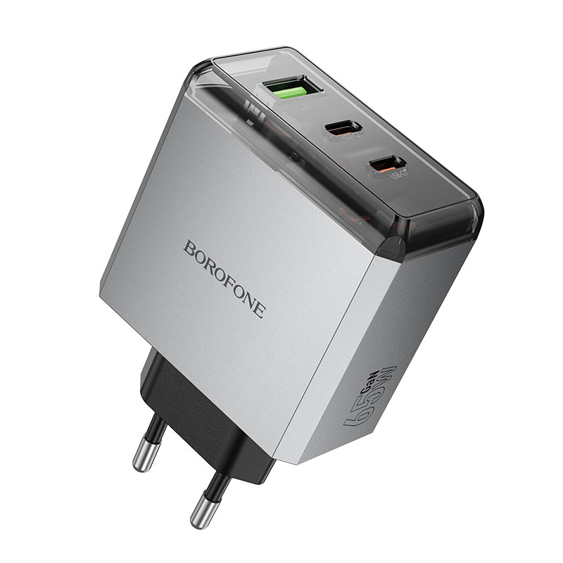 Borofone – Заряден адаптер – BN22 Lena – GaN 2xType-C + USB QC 3.0 PD 65W – Сив