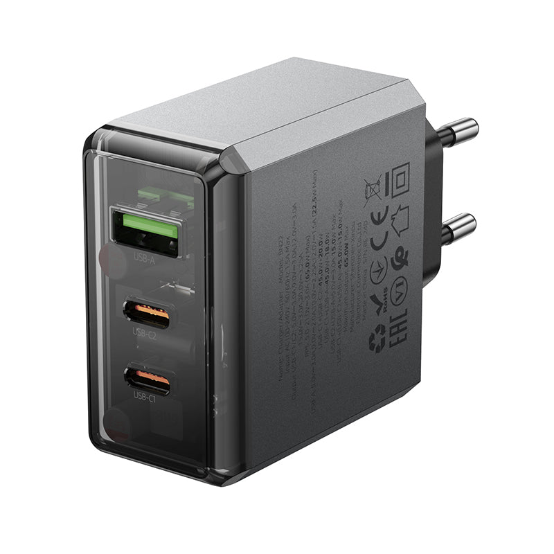 Borofone – Заряден адаптер – BN22 Lena – GaN 2xType-C + USB QC 3.0 PD 65W – Сив