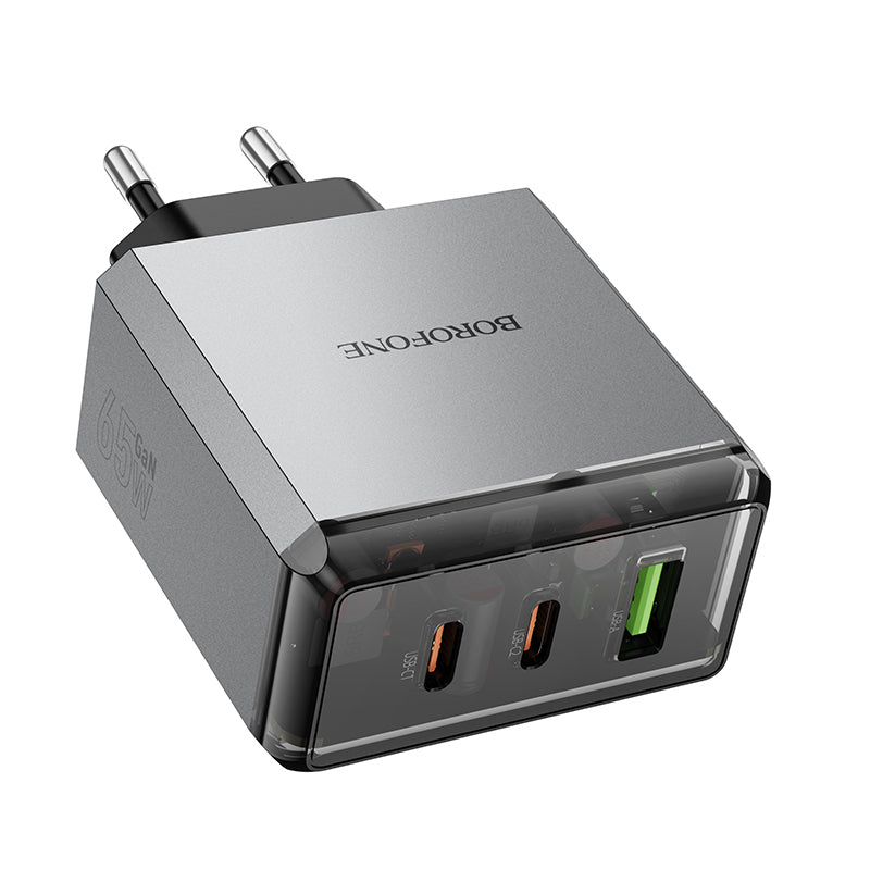 Borofone – Заряден адаптер – BN22 Lena – GaN 2xType-C + USB QC 3.0 PD 65W – Сив