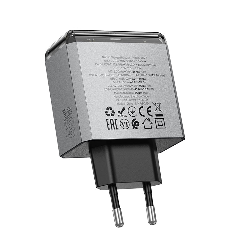 Borofone – Заряден адаптер – BN22 Lena – GaN 2xType-C + USB QC 3.0 PD 65W – Сив