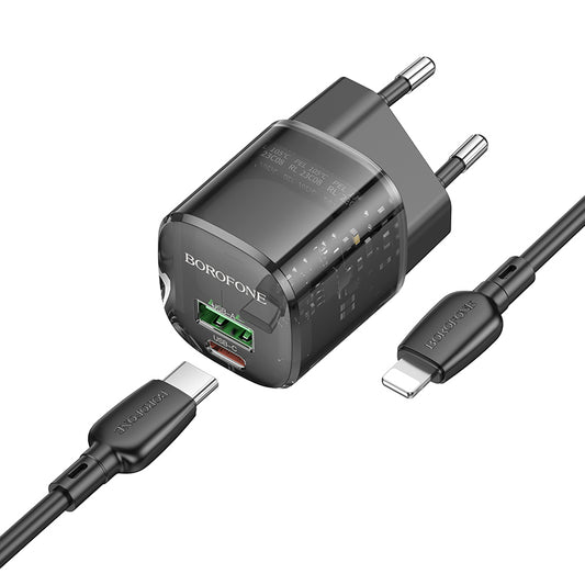 Borofone – Заряден адаптер – BN17 Sunlight USB + Type-C QC 3.0 PD 20W 3A– Кабел Type-C към Lightning – Черен