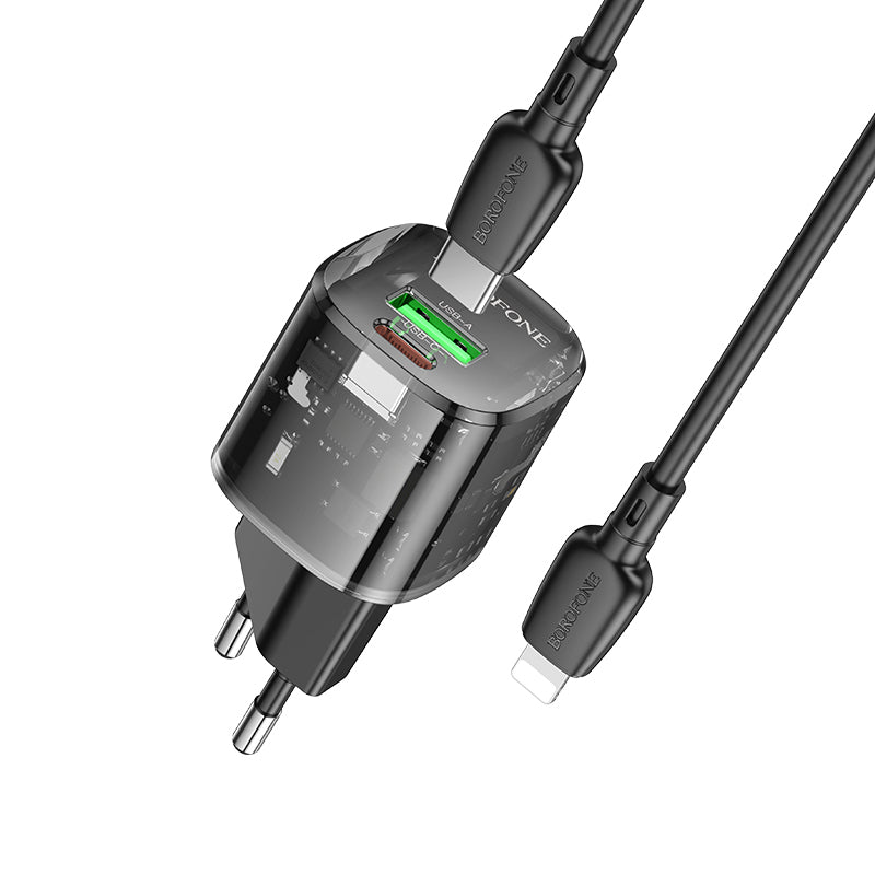 Borofone – Заряден адаптер – BN17 Sunlight USB + Type-C QC 3.0 PD 20W 3A– Кабел Type-C към Lightning – Черен