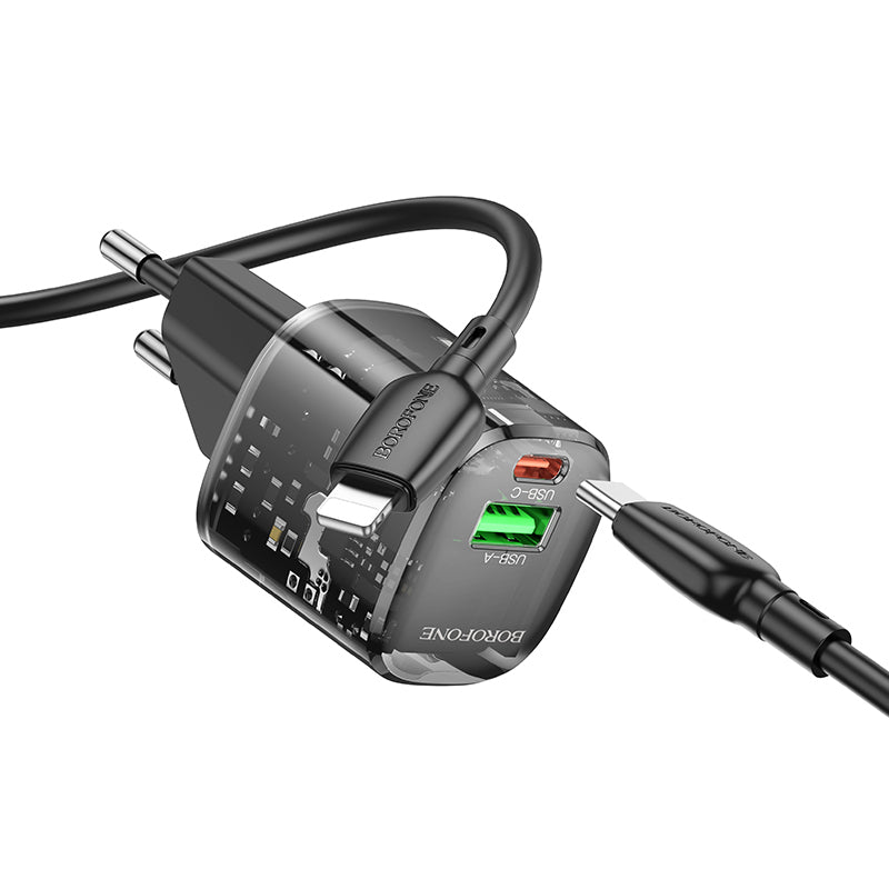 Borofone – Заряден адаптер – BN17 Sunlight USB + Type-C QC 3.0 PD 20W 3A– Кабел Type-C към Lightning – Черен
