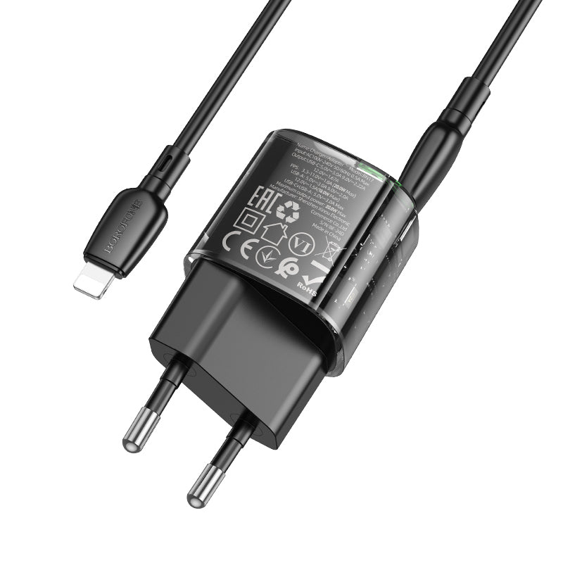 Borofone – Заряден адаптер – BN17 Sunlight USB + Type-C QC 3.0 PD 20W 3A– Кабел Type-C към Lightning – Черен