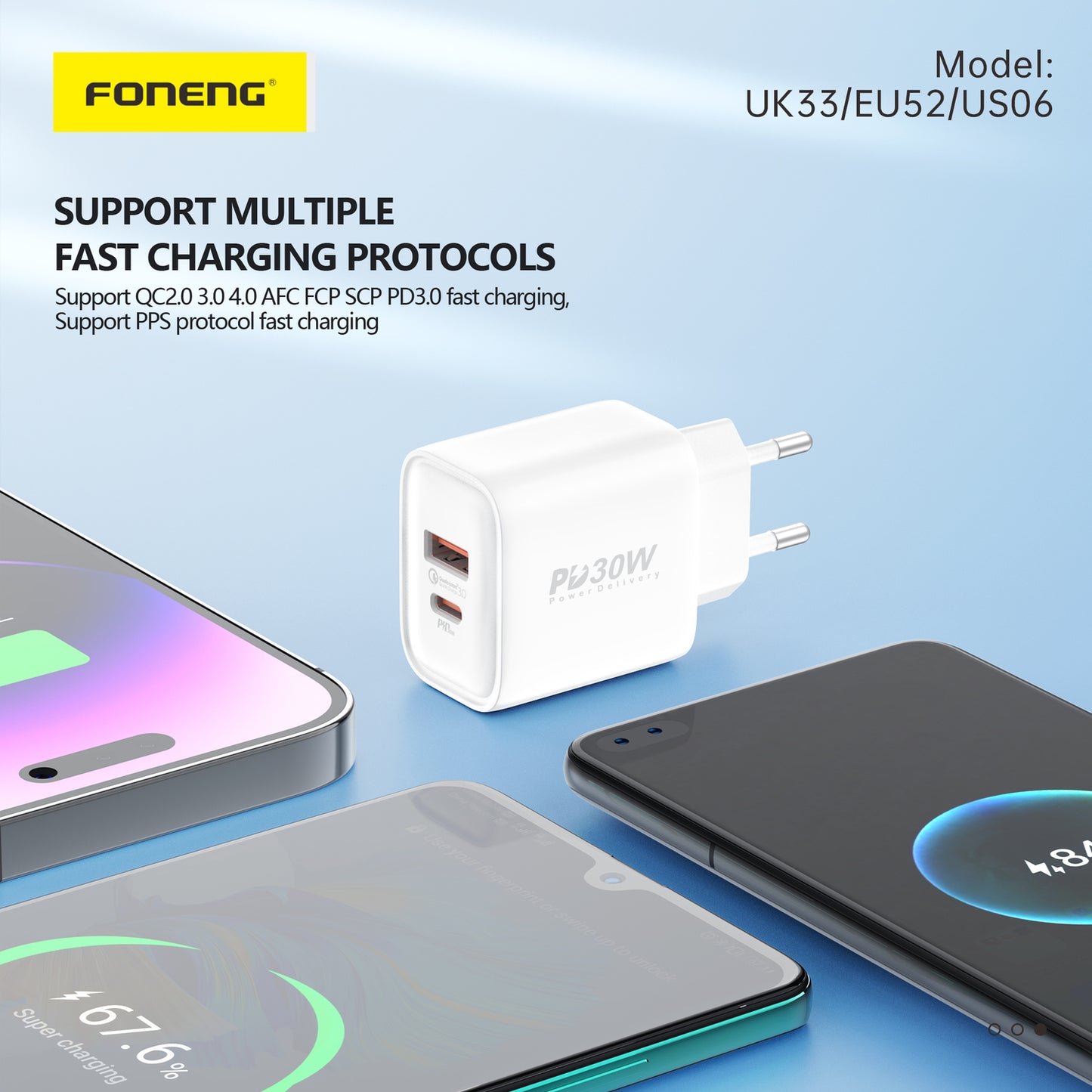 Foneng – Заряден адаптер –  EU52 USB + Type-C QC 3.0 PD 30W – Бял
