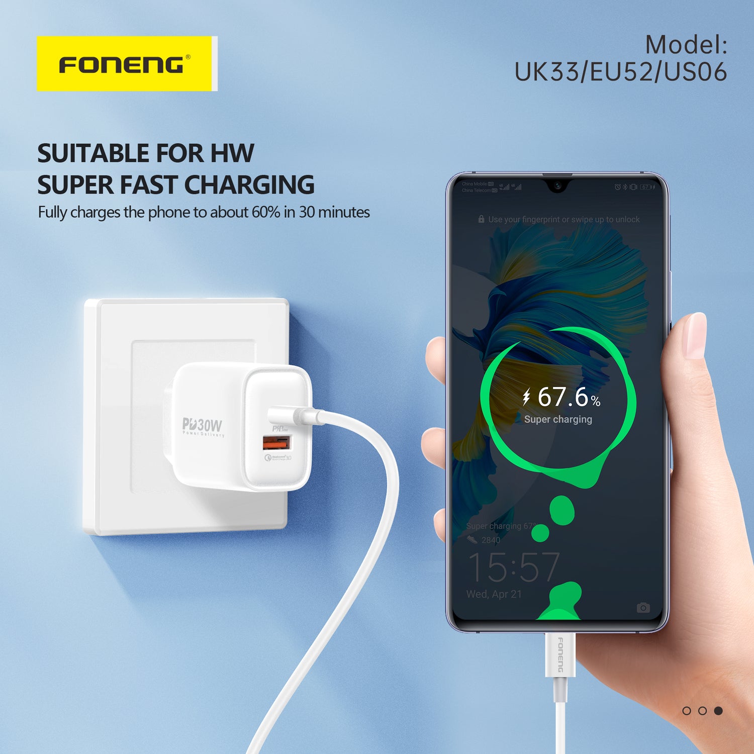 Foneng – Заряден адаптер –  EU52 USB + Type-C QC 3.0 PD 30W – Бял
