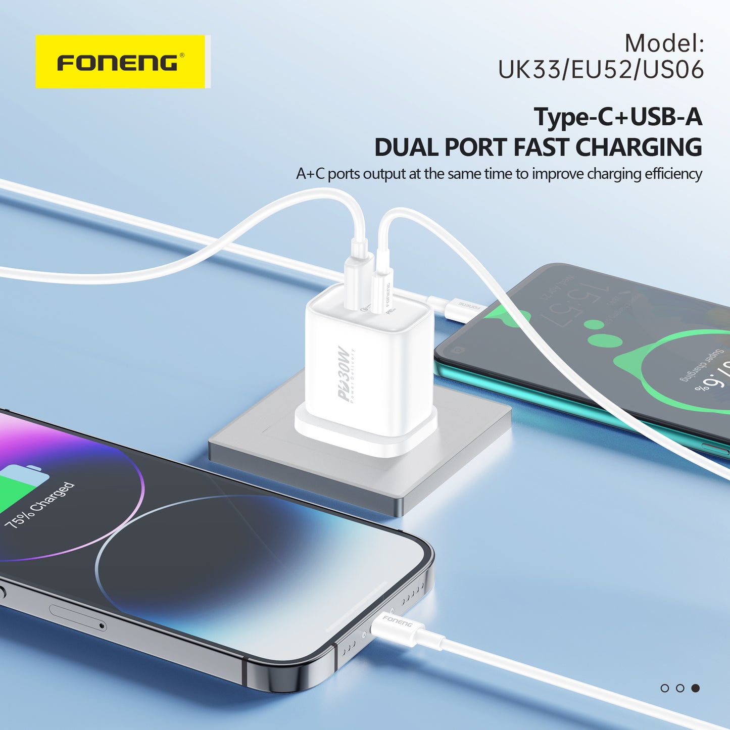 Foneng – Заряден адаптер –  EU52 USB + Type-C QC 3.0 PD 30W – Бял