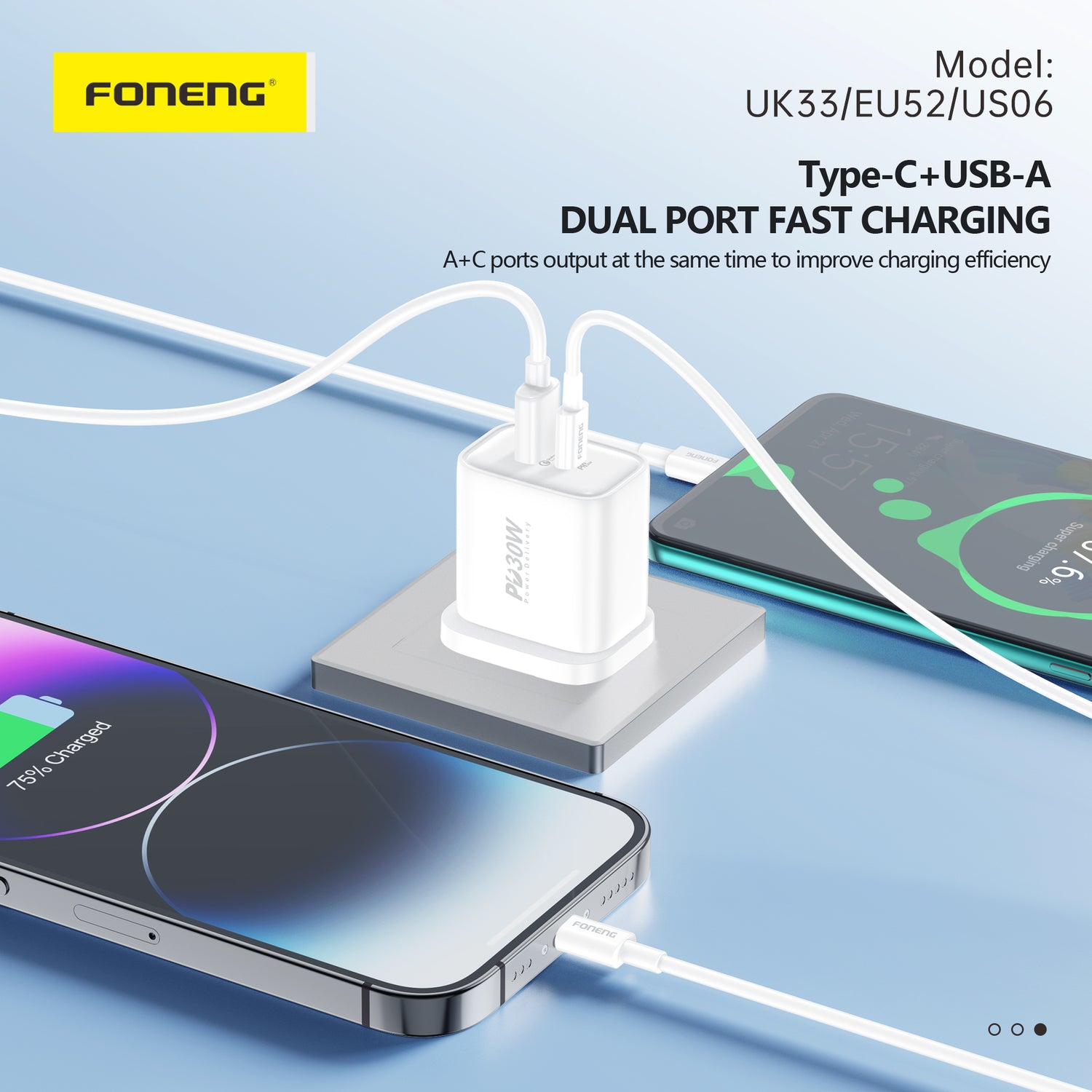 Foneng – Заряден адаптер –  EU52 USB + Type-C QC 3.0 PD 30W – Бял