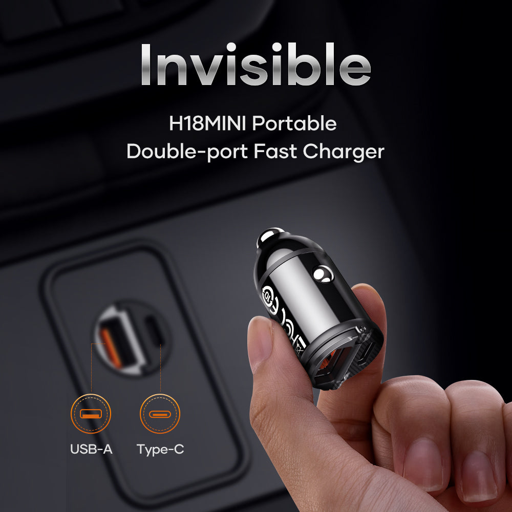 Rock – Зарядно Авто H18 Mini USB + Type-C 30W 3A – Черен