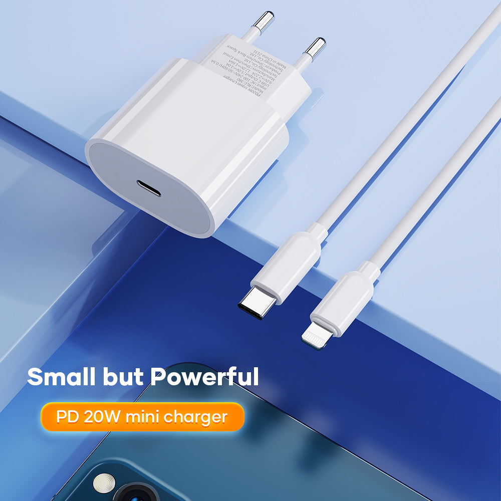 Rock – Заряден адаптер – T18 Sugar Cube Series – GaN Type-C QC 3.0 PD 20W z – Кабел Type-C→Lightning – Бяло