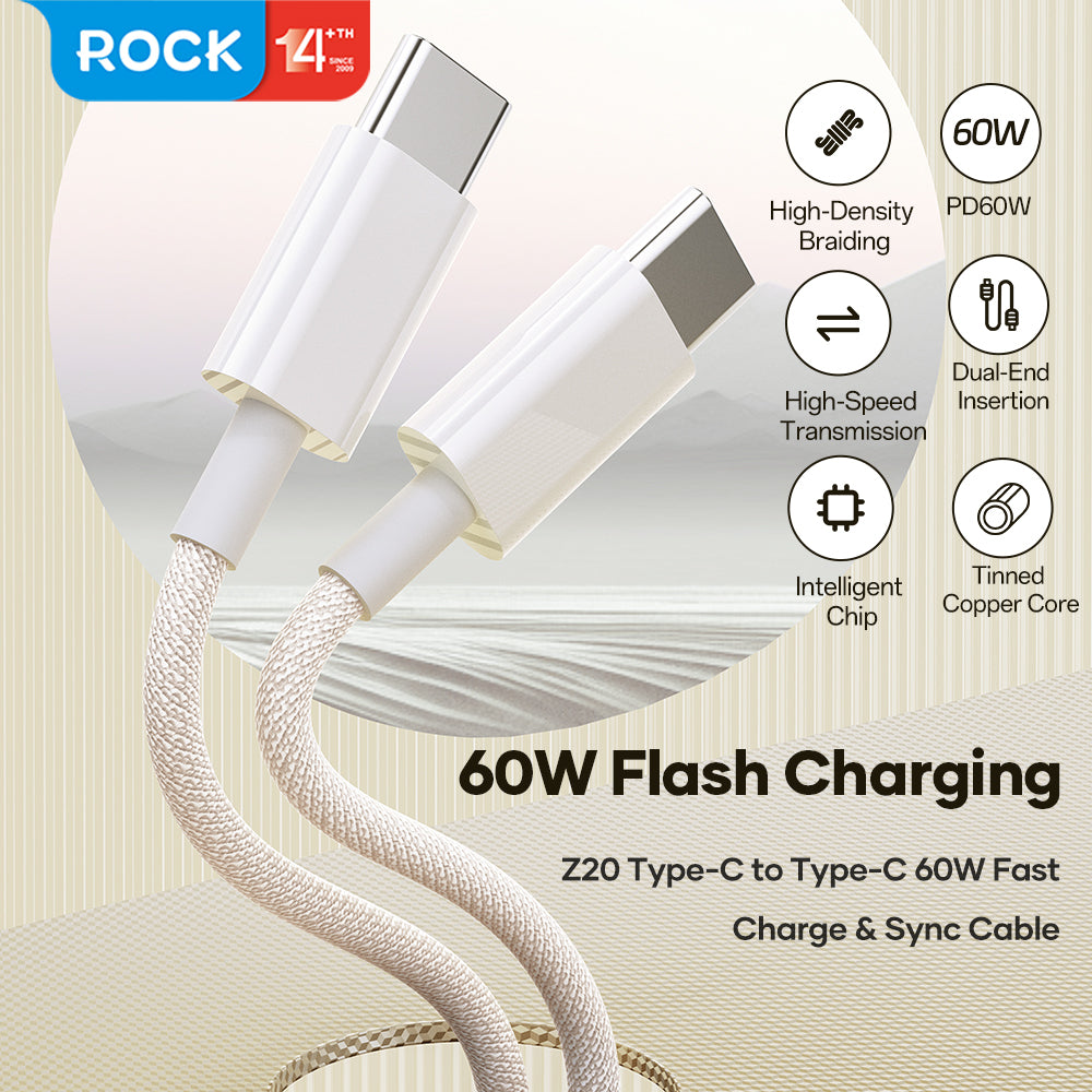 Rock – Кабел Z20 – Type-C към Type-C PD 60W 3A 1m. – Бял