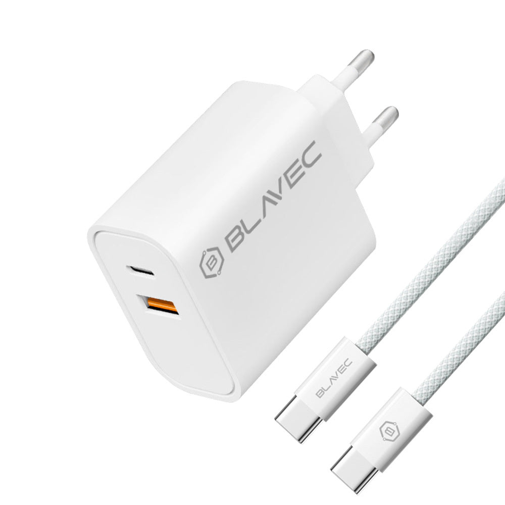 Blavec – Заряден адаптер – BC2 USB + Type-C QC 3.0 PD 20W– Кабел Type-C → Type-C (TCBC2 UCW20+CC) – Бяло