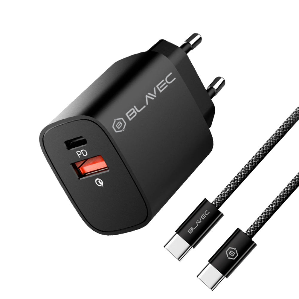 Blavec – Заряден адаптер – BC2 USB + Type-C QC 3.0 PD 20W– Кабел Type-C → Type-C (TCBC2 UCB20+CC) – Черно