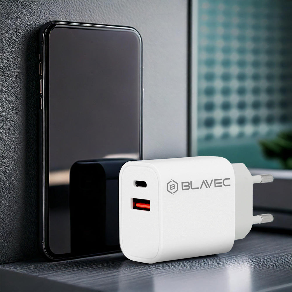 Blavec – Заряден адаптер – BC2 USB + Type-C QC 3.0 PD 20W– Кабел Type-C → Type-C (TCBC2 UCW20+CC) – Бяло