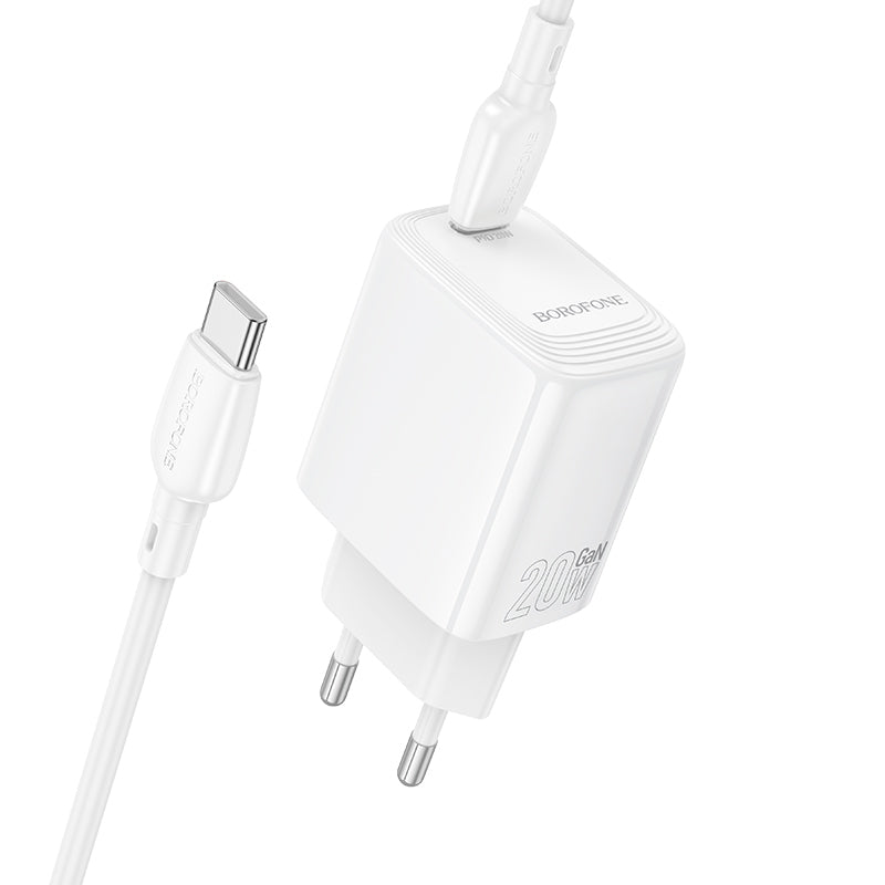 Borofone – Заряден адаптер – BN26 Fuente Type-C PD 20W – Кабел Type-C към Type-C – Бял