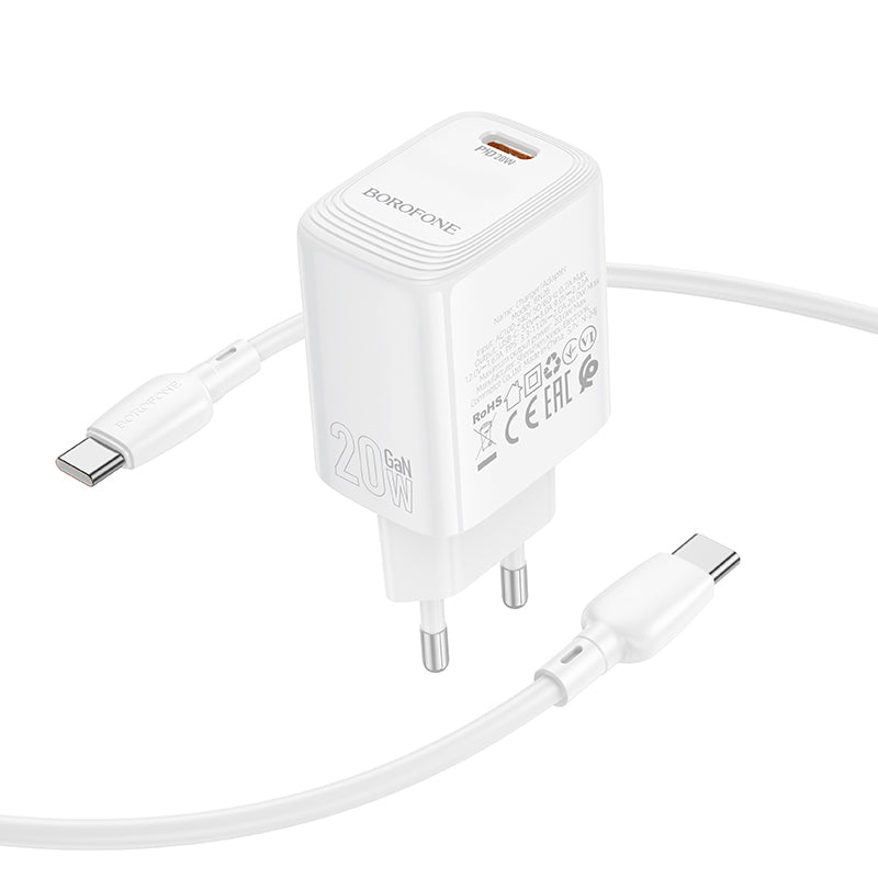 Borofone – Заряден адаптер – BN26 Fuente Type-C PD 20W – Кабел Type-C към Type-C – Бял