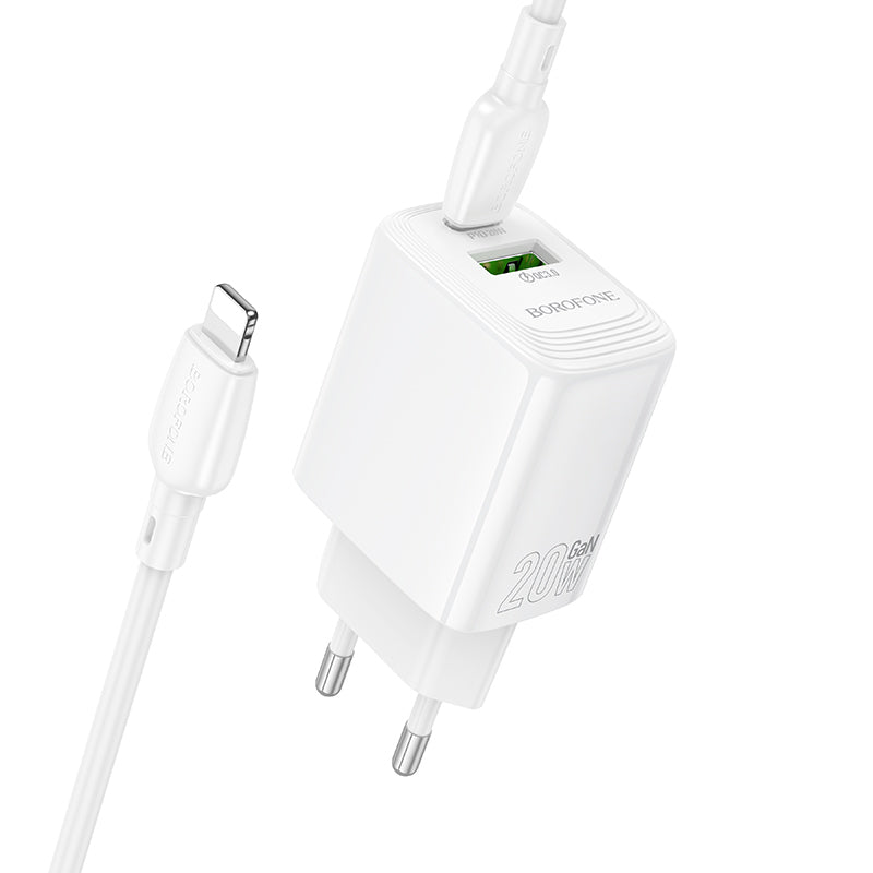 Borofone – Заряден адаптер – BN27 Fuente USB + Type-C QC 3.0 PD 20W – Кабел Type-C към Lightning – Бял