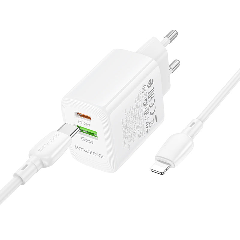 Borofone – Заряден адаптер – BN27 Fuente USB + Type-C QC 3.0 PD 20W – Кабел Type-C към Lightning – Бял