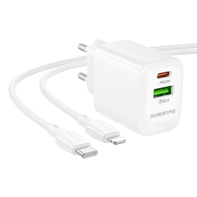 Borofone – Заряден адаптер – BN27 Fuente USB + Type-C QC 3.0 PD 20W – Кабел Type-C към Lightning – Бял
