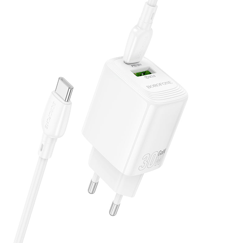 Borofone – Заряден адаптер – BN29 Fuente USB + Type-C QC 3.0 PD 30W – Кабел Type-C към Type-C – Бял