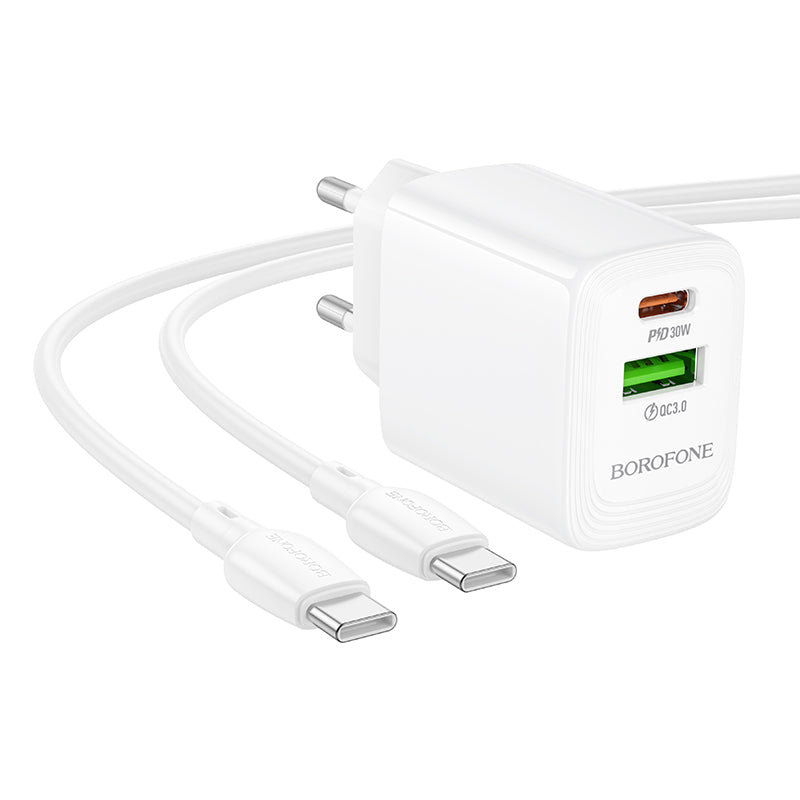 Borofone – Заряден адаптер – BN29 Fuente USB + Type-C QC 3.0 PD 30W – Кабел Type-C към Type-C – Бял