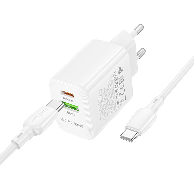 Borofone – Заряден адаптер – BN29 Fuente USB + Type-C QC 3.0 PD 30W – Кабел Type-C към Type-C – Бял