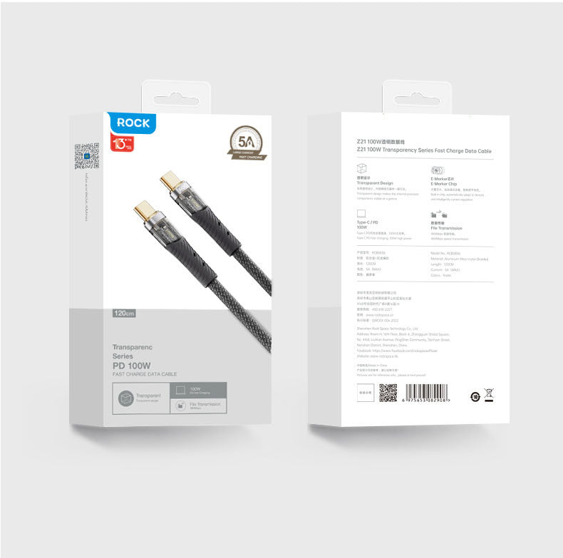 Rock – Кабел Z21 – Pleciony – Type-C към Type-C Pd 100W 6A 1,2 m. – Черен