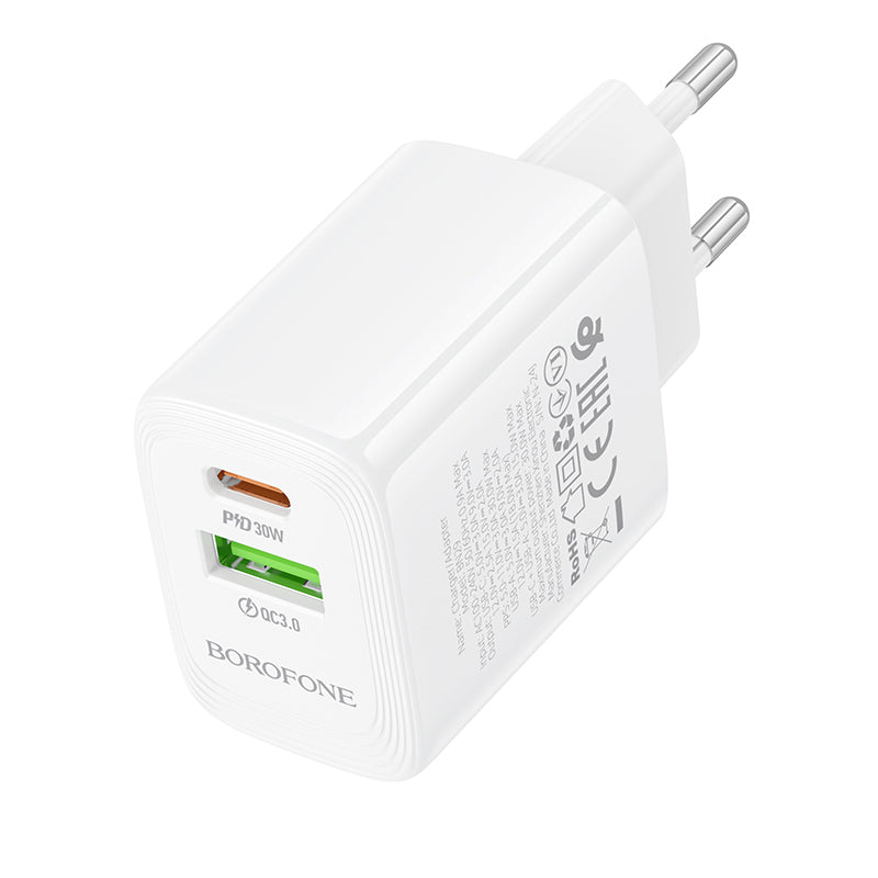 Borofone – Заряден адаптер – BN29 Fuente USB + Type-C QC 3.0 PD 30W – Бял