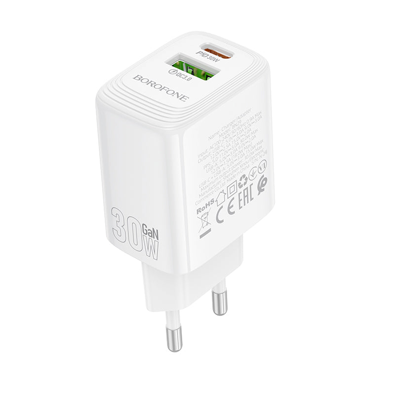 Borofone – Заряден адаптер – BN29 Fuente USB + Type-C QC 3.0 PD 30W – Бял