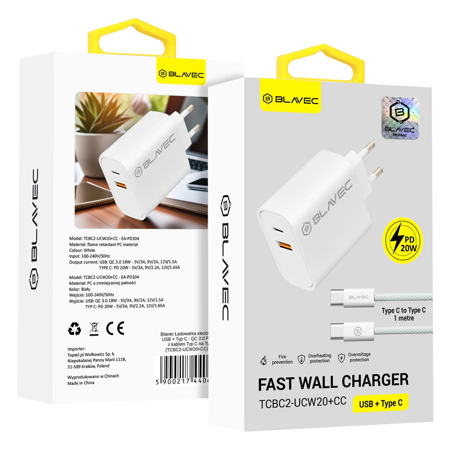 Blavec – Заряден адаптер – BC2 USB + Type-C QC 3.0 PD 20W– Кабел Type-C → Type-C (TCBC2 UCW20+CC) – Бяло