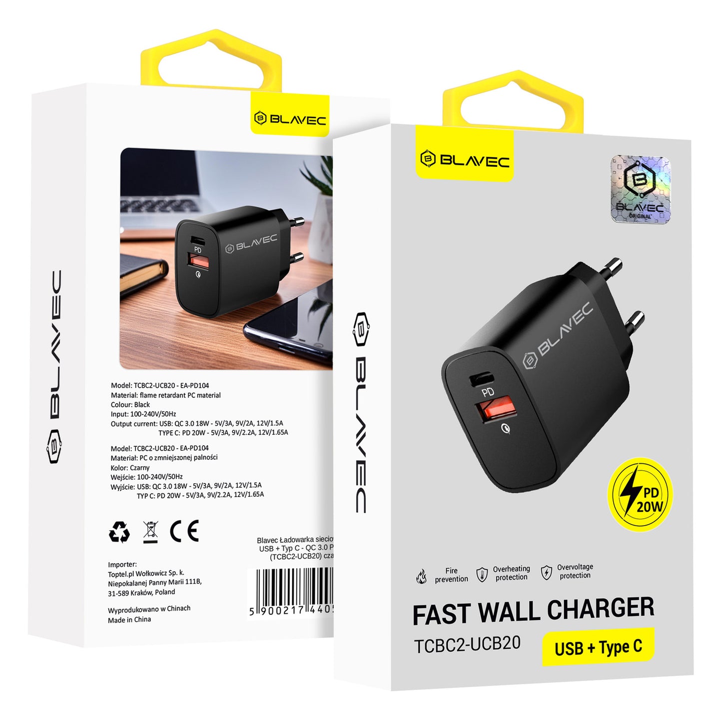 Blavec – Заряден адаптер – BC2 USB + Type-C QC 3.0 PD 20W (TCBC2 UCB20) – Черено