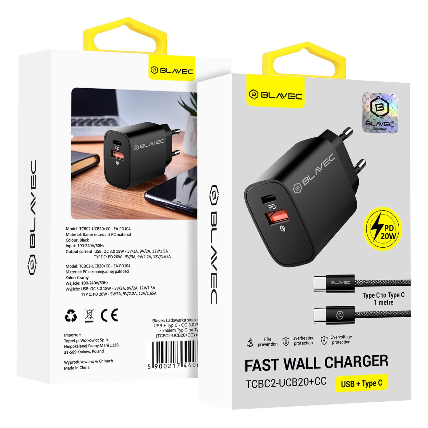 Blavec – Заряден адаптер – BC2 USB + Type-C QC 3.0 PD 20W– Кабел Type-C → Type-C (TCBC2 UCB20+CC) – Черно