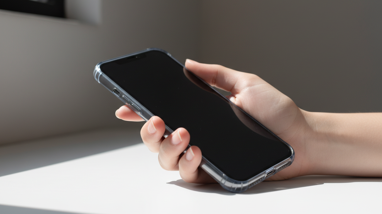 Generate realistic, premium product photography. No stock vibes.A close-up of a hand holding a smartphone with a thin protective case, natural lighting, soft shadows, premium minimal aesthetic, realistic, no branding