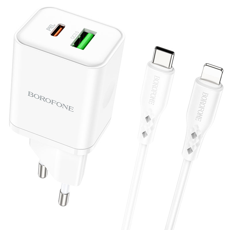 Borofone – Заряден адаптер –  BN7 USB + Type-C QC 3.0 PD 20W – Кабел Type-C na Lightning – Бял