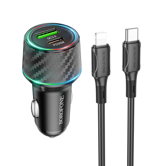 Borofone – Зарядно Авто BZ21 Brilliant USB + Type-C QC 3.0 PD 48W – Кабел Type-C na Lightning – Черен