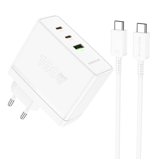Borofone – Заряден адаптер – BN11 Imperial USB + 2xType-C QC 3.0 PD 100W – Кабел Type-C към Type-C – Бял