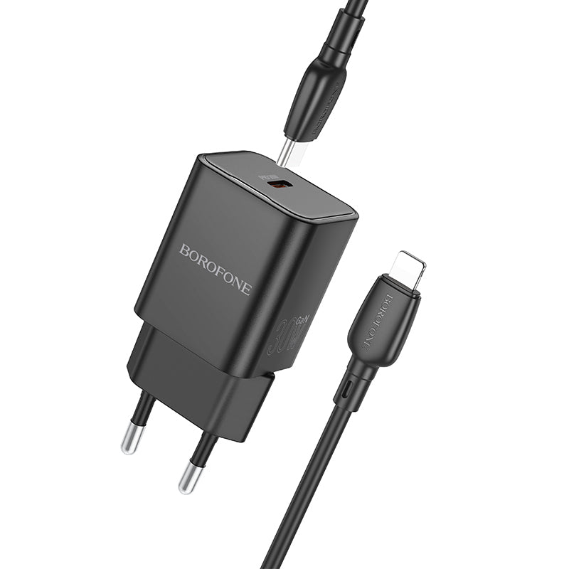 Borofone – Заряден адаптер –BN13 Safety GaN Type-C PD 30W – Кабел Type-C към Lightning – Черен