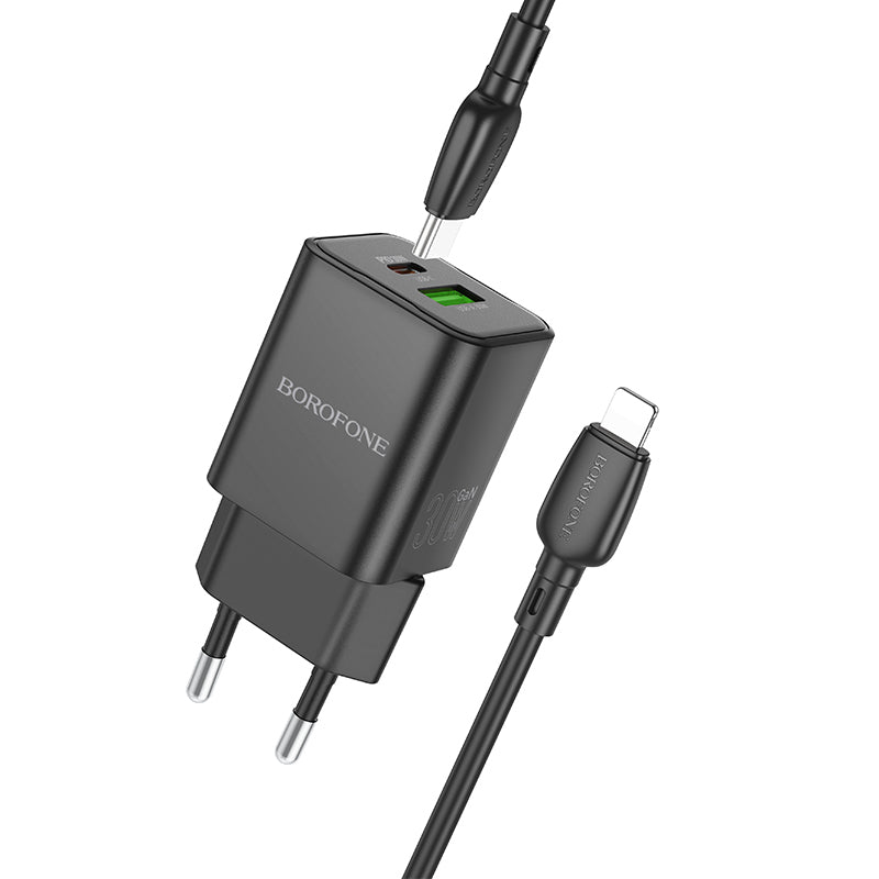 Borofone – Заряден адаптер – BN14 Royal – GaN USB + Type-C QC 3.0 PD 30W – Кабел Type-C към Lightning – Черен