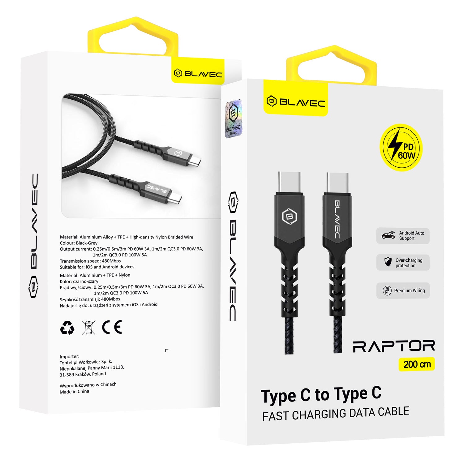 Blavec – Кабел Raptor Pleciony Typе-C → Type-C Pd 60W 3A – 2m. (Cra Cc3Bg20) – Черен-Сив