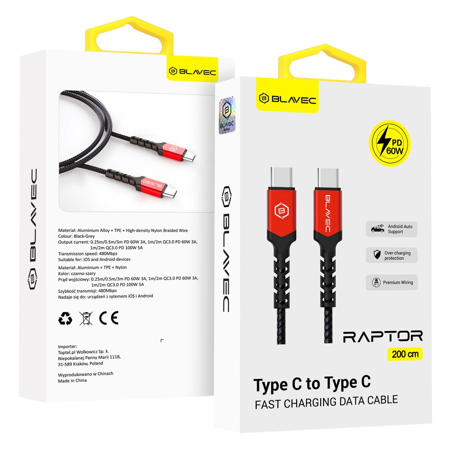 Blavec – Кабел Raptor Pleciony Typе-C → Type-C Pd 60W 3A–2m. (Cra Cc3Br20) – Черен-Червено