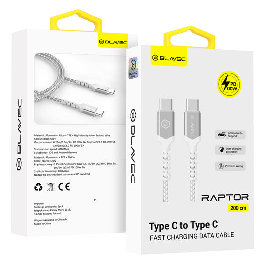 Blavec – Кабел Raptor Pleciony Typе-C → Type-C Pd 60W 3A – 2m. (Cra Cc3Ws20) Бял – Сребрист