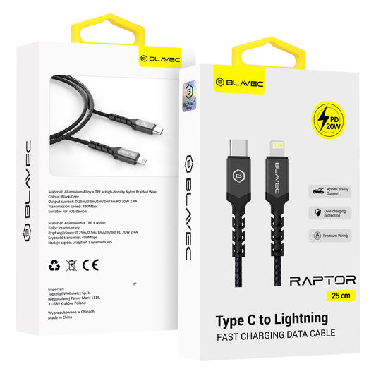 Blavec – Кабел Raptor Pleciony Typе-C → Lightning Pd 20W 2,4A 0,25 m. (Cra Cl24Bg025) Сив – Черен