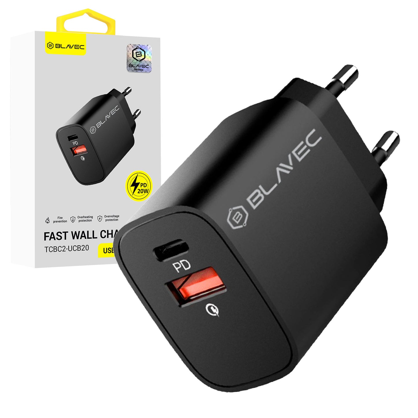 Blavec – Заряден адаптер – BC2 USB + Type-C QC 3.0 PD 20W (TCBC2 UCB20) – Черено