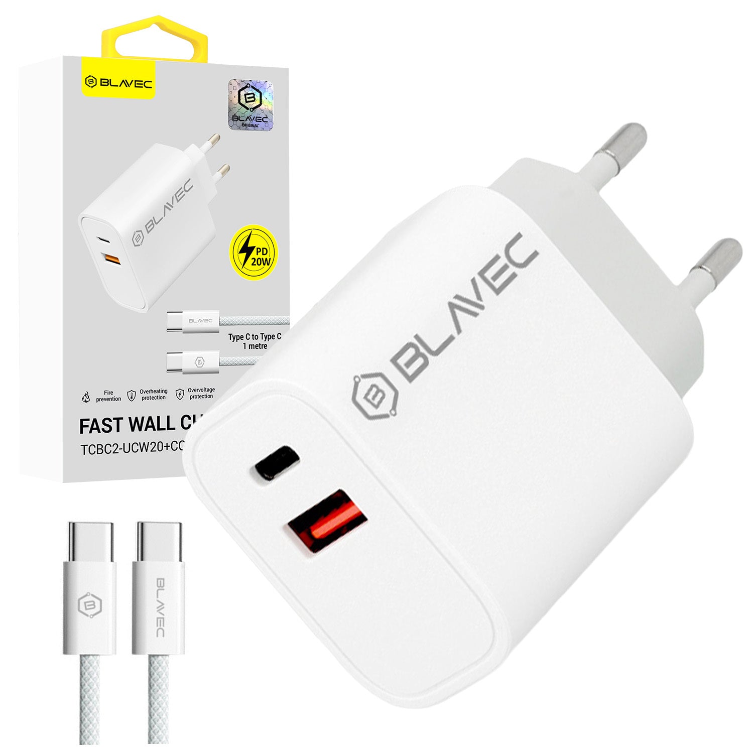 Blavec – Заряден адаптер – BC2 USB + Type-C QC 3.0 PD 20W– Кабел Type-C → Type-C (TCBC2 UCW20+CC) – Бяло
