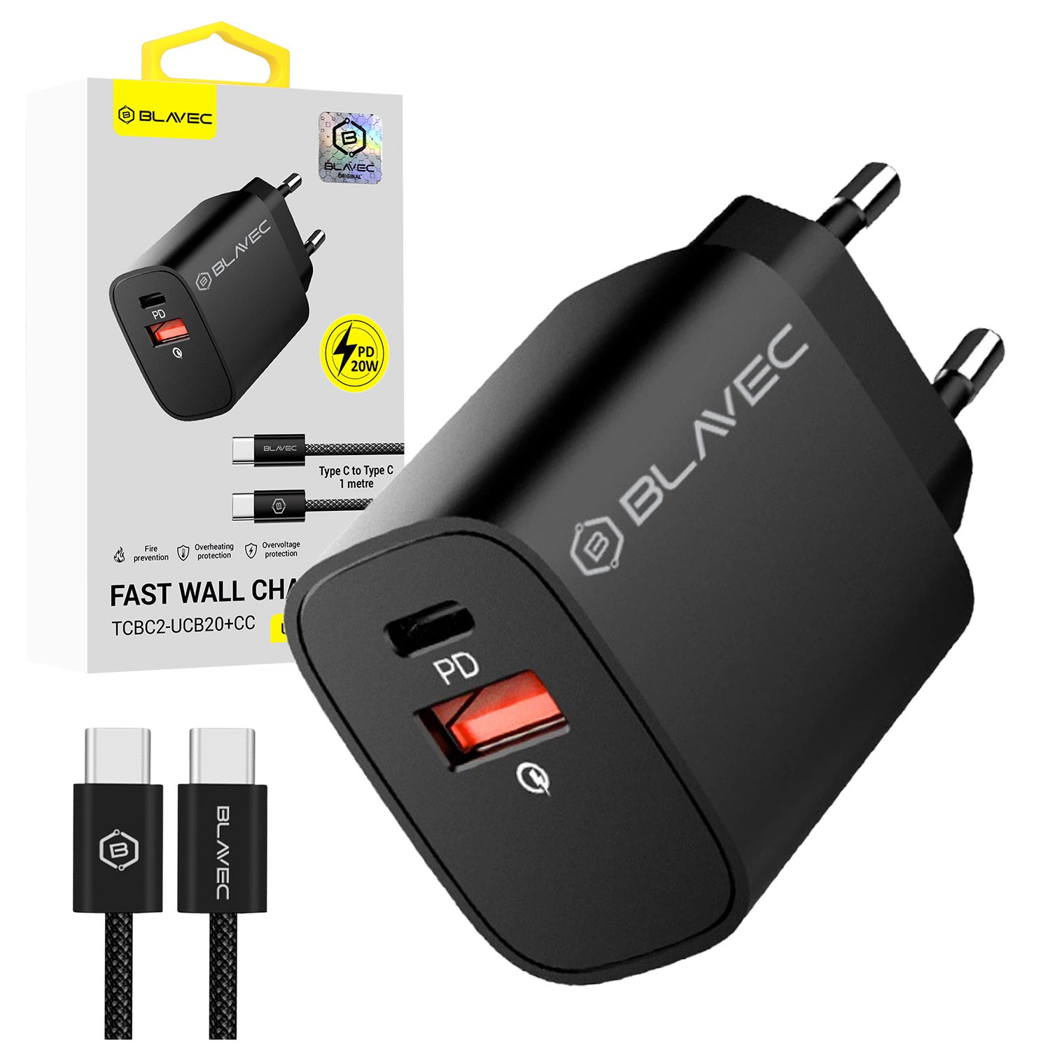 Blavec – Заряден адаптер – BC2 USB + Type-C QC 3.0 PD 20W– Кабел Type-C → Type-C (TCBC2 UCB20+CC) – Черно