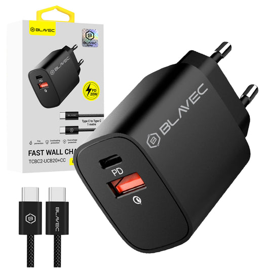 Blavec – Заряден адаптер – BC2 USB + Type-C QC 3.0 PD 20W– Кабел Type-C → Type-C (TCBC2 UCB20+CC) – Черно