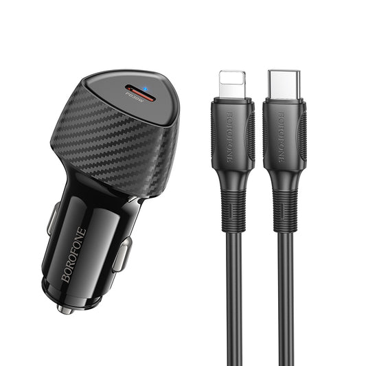 Borofone – Зарядно за кола – BZ31B Solid Type-C PD 30W – Кабел Type-C → Lightning – Черен