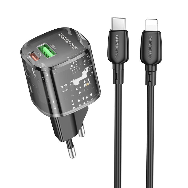 Borofone – Заряден адаптер – BN17 Sunlight USB + Type-C QC 3.0 PD 20W 3A– Кабел Type-C към Lightning – Черен
